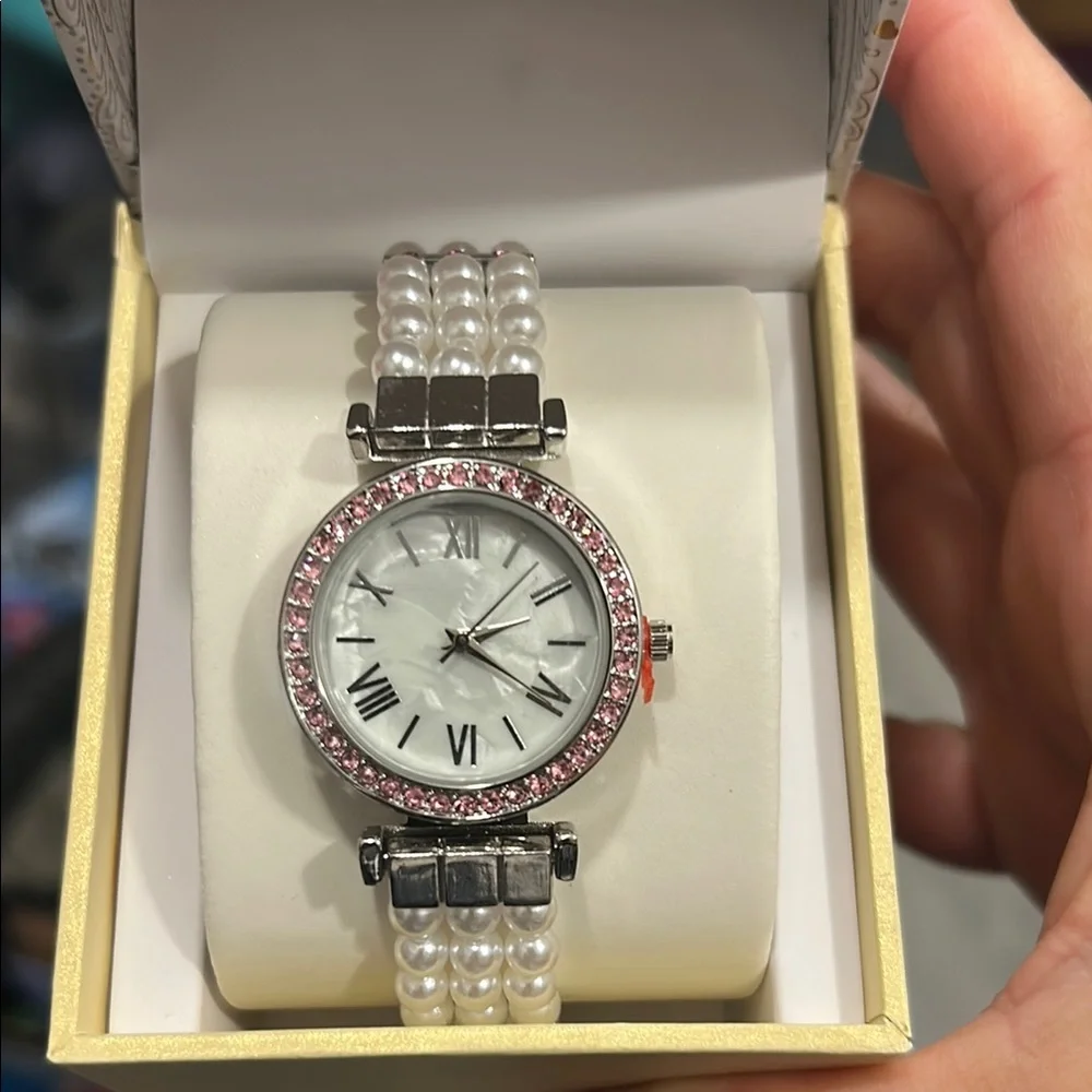 Charter Club Silver Watch with Pink and Pearl Accents - Picture 1 of 2